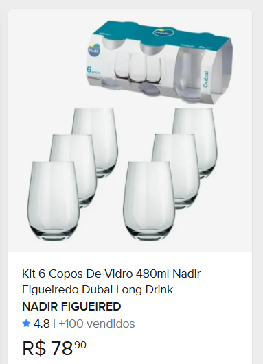 Comparação de preço de Jogo Copos Vidro Dubai Long Drink Água 480ml Nadir 6 Peças