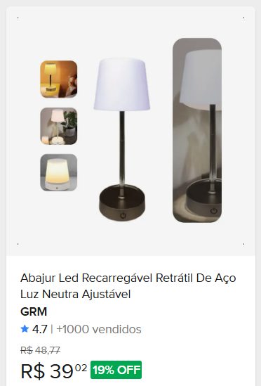 Comparação de preço de Abajur Led Recarregável Retrátil De Aço Luz Neutra Ajustável
