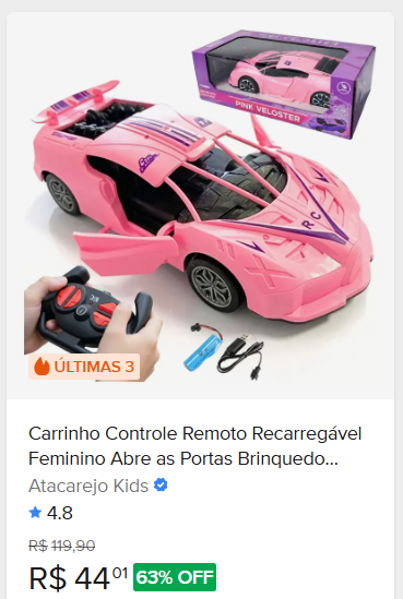 Comparação de preço de Carrinho Controle Remoto Rosa Abre as Portas