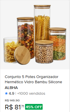 Comparação de preço de Conjunto 5 Potes Organizador Hermético Vidro Bambu Silicone