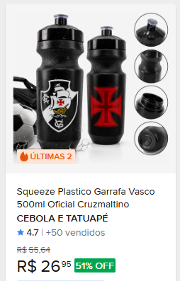 Comparação de preço de Squeeze Plastico Garrafa Vasco 500ml Oficial Cruzmaltino