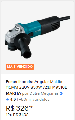 Comparação de preço de Esmerilhadeira Angular Makita 115MM 220V 850W Azul M9510B