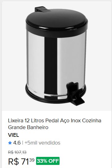 Comparação de preço de Lixeira Aço Inox 12 Litros Pedal Cozinha e Banheiro
