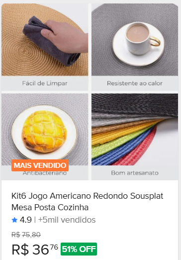 Comparação de preço de Jogo Americano Redondo 39cm Mesa