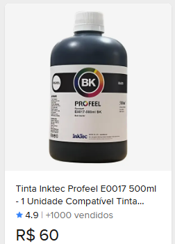 Comparação de preço de Tinta Inktec Profeel E0017 500ml - 1 Unidade Compatível Tinta Black
