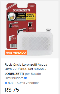 Comparação de preço de Resistência Lorenzetti Acqua Ultra 220/7800 Ref 3065b Acabamento Plástico Cor Branco