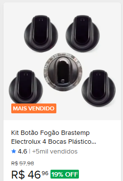 Comparação de preço de Kit Botão Fogão Brastemp Electrolux 4 Bocas Plástico Resistente