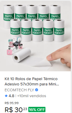 Comparação de preço de Kit 10 Rolos de Papel Térmico Adesivo 57x30mm para Mini Impressora Portátil
