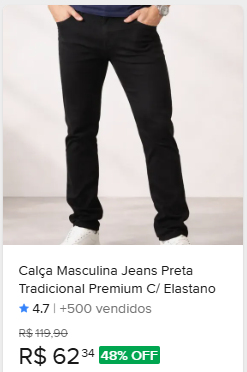 Comparação de preço de Calça Masculina Jeans Preta Tradicional Premium C/ Elastano Tam. 44