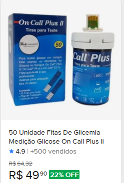 Comparação de preço de Tiras de Glicemia MedLevensohn On Call Plus 2 50 Unidades Azul