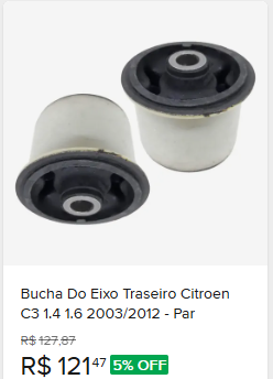 Comparação de preço de Par Bucha Do Eixo Traseiro Citroen C3 1.4 1.6 De 2003 A 2012
