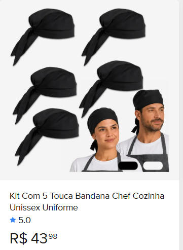 Comparação de preço de Kit Com 5 Touca Bandana Chef Cozinha Unissex Uniforme
