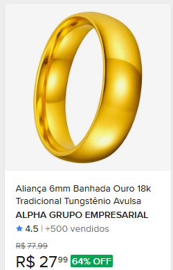 Comparação de preço de Aliança 6mm Banhada Ouro 18k Tradicional Tungstênio Avulsa Tam. 16