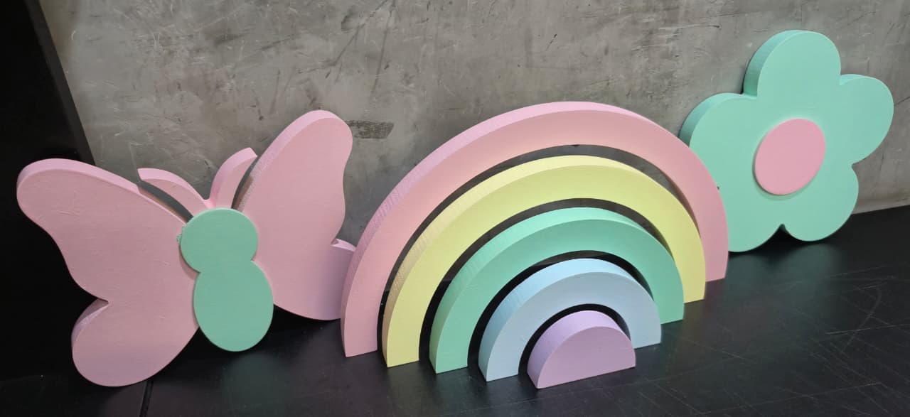 Kit MDF Arco Íris Flor Borboleta Enfeite