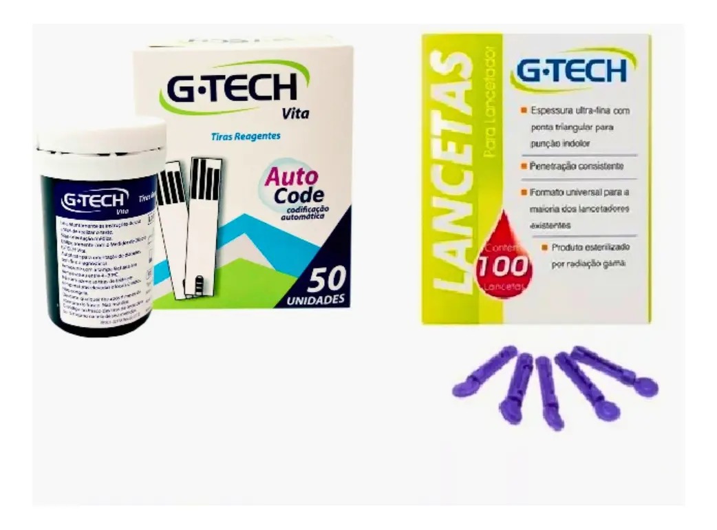 50 Fitas Tiras Reagentes G-tech Vita Glicemia + 100 Lancetas