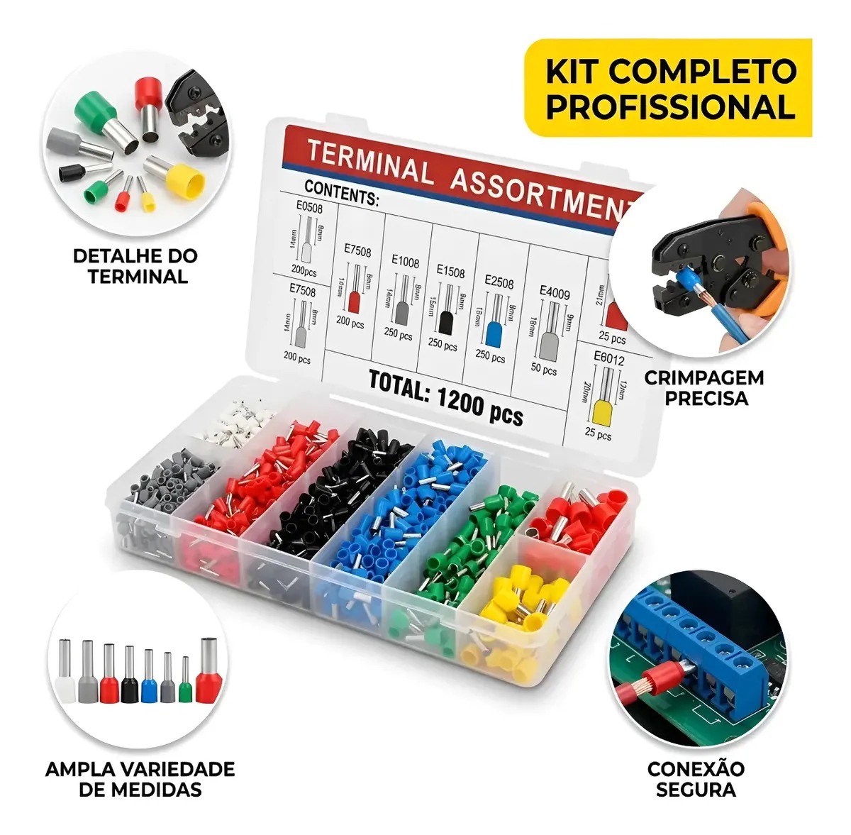 Kit Terminais Elétricos 1200 Peças Ponteiras Para Fio Ilhós