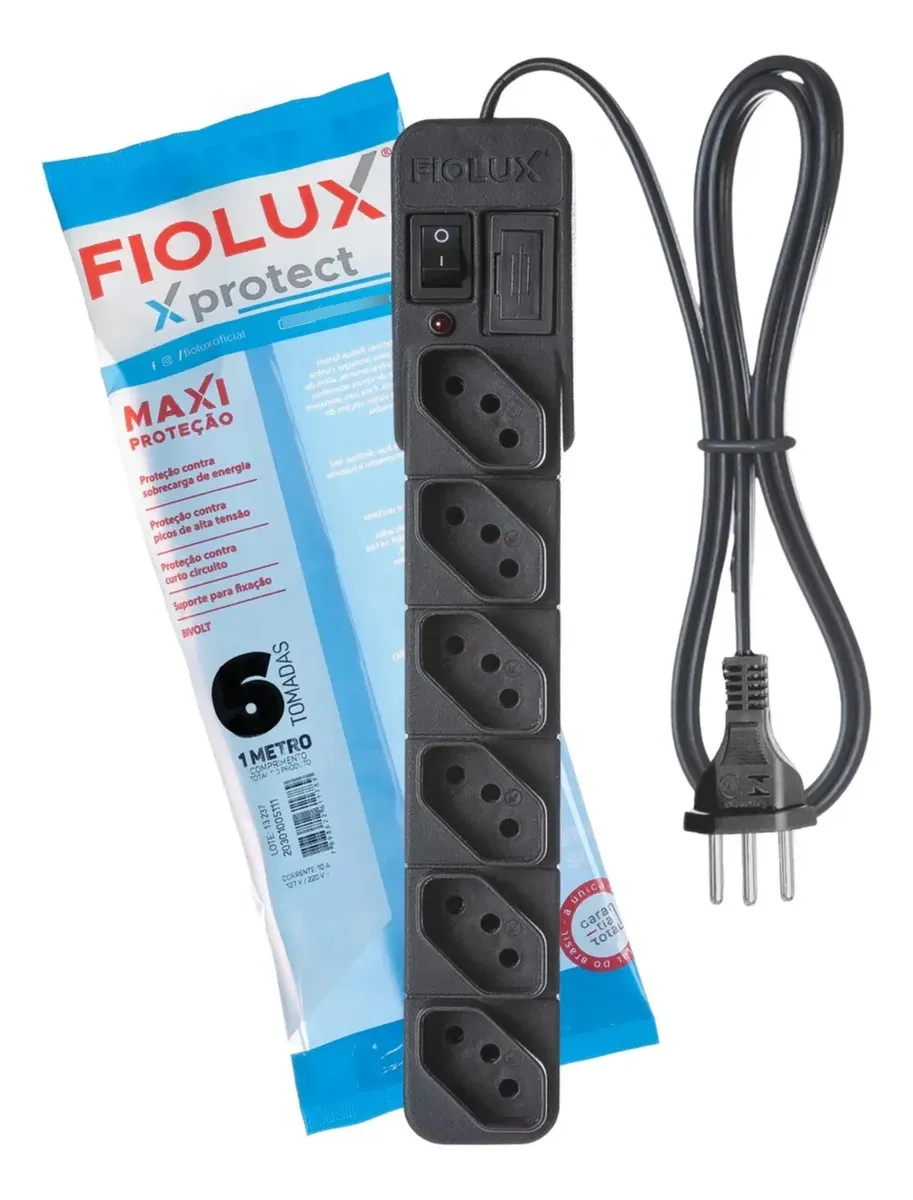 Extensão Filtro De Linha 6 Tomadas 10a Bivolt Preto - Fiolux