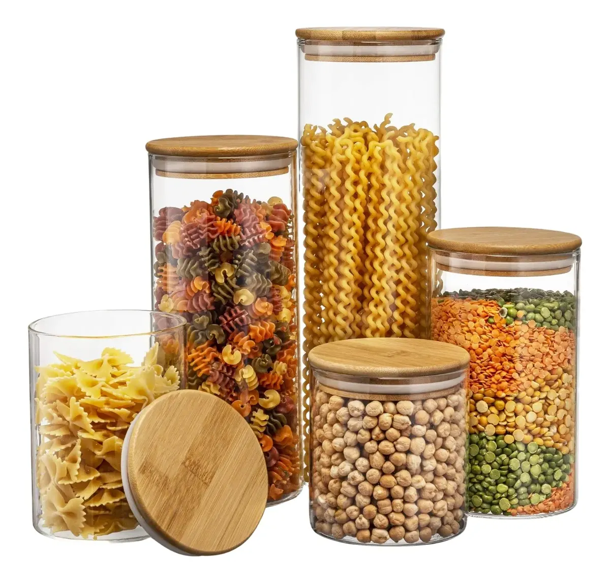 Conjunto 5 Potes Organizador Hermético Vidro Bambu Silicone