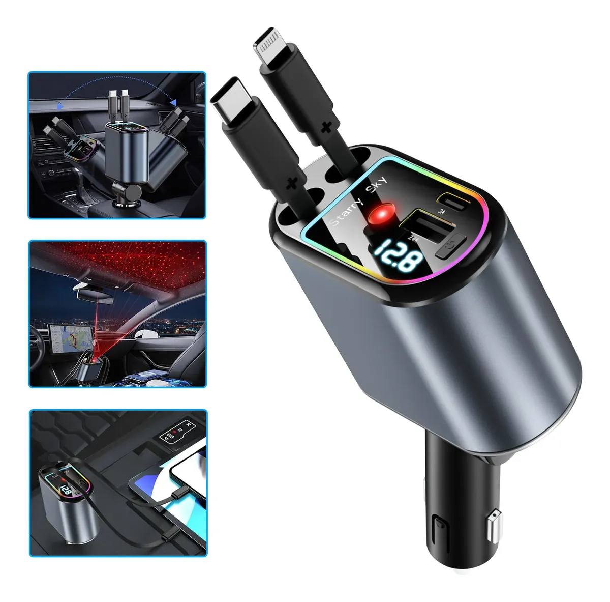 Carregador Retratil Turbo P/ Carro Tipo C Lightning 120w