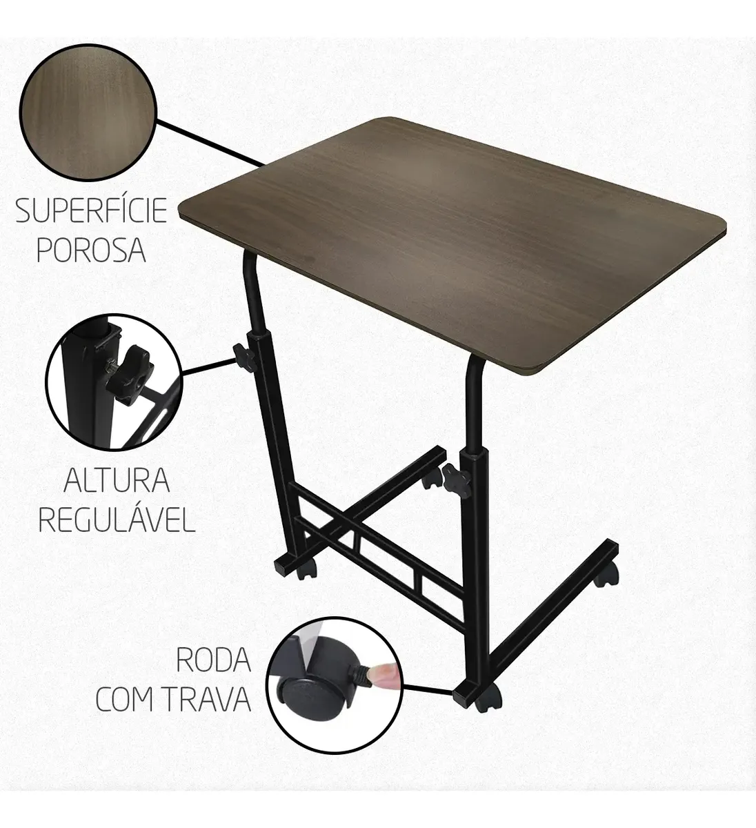 Mesa Lateral Ergonômica Regulavel c/ Rodinhas