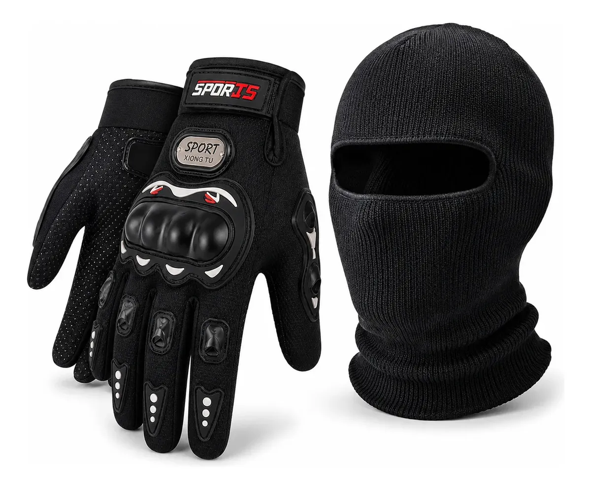 Kit Motociclista Luva de Proteção com Touchscreen e Balaclava Térmica Antiderrapante para Frio e Chuva