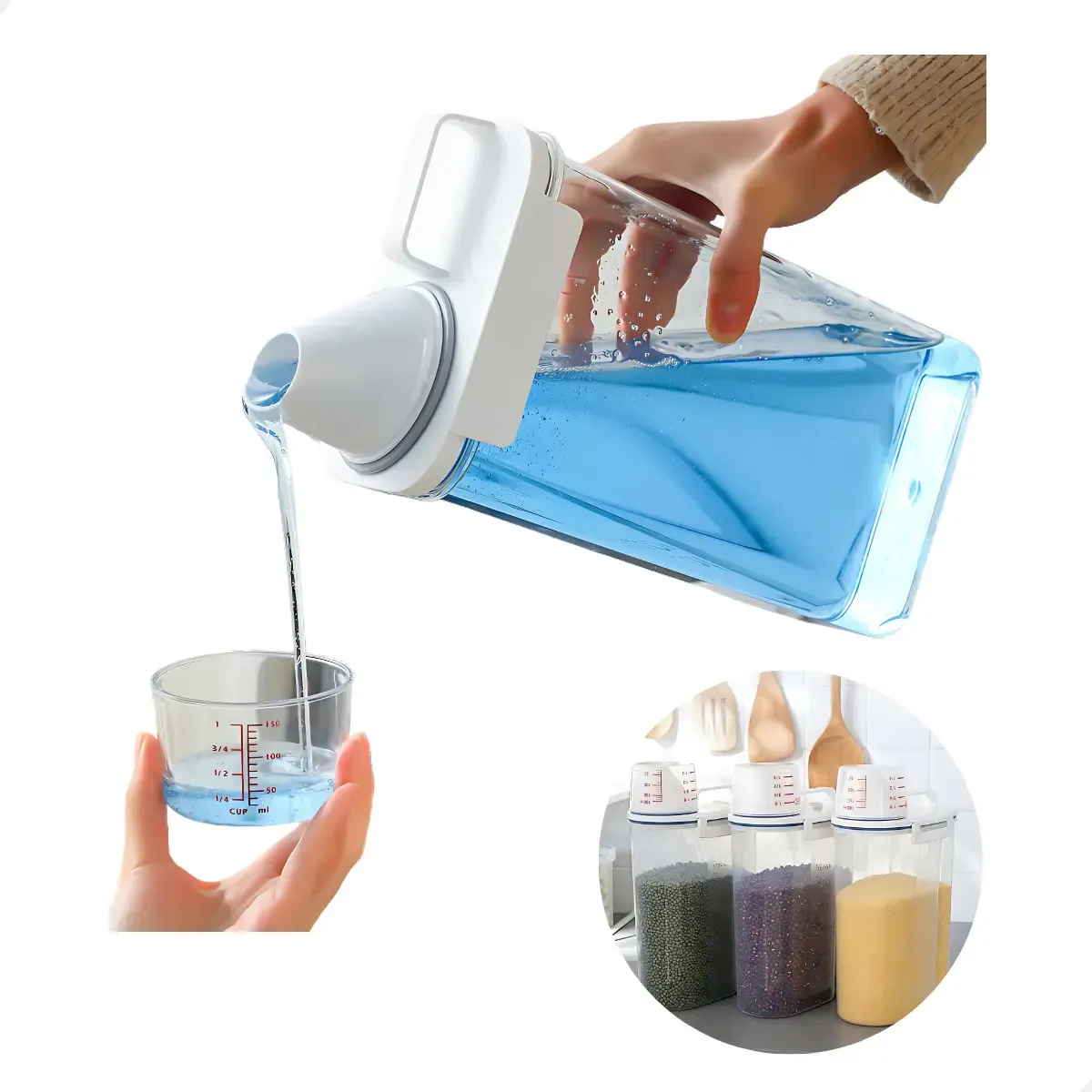 Dispenser Hermetico para produtos de limpeza, com dois potes medidores