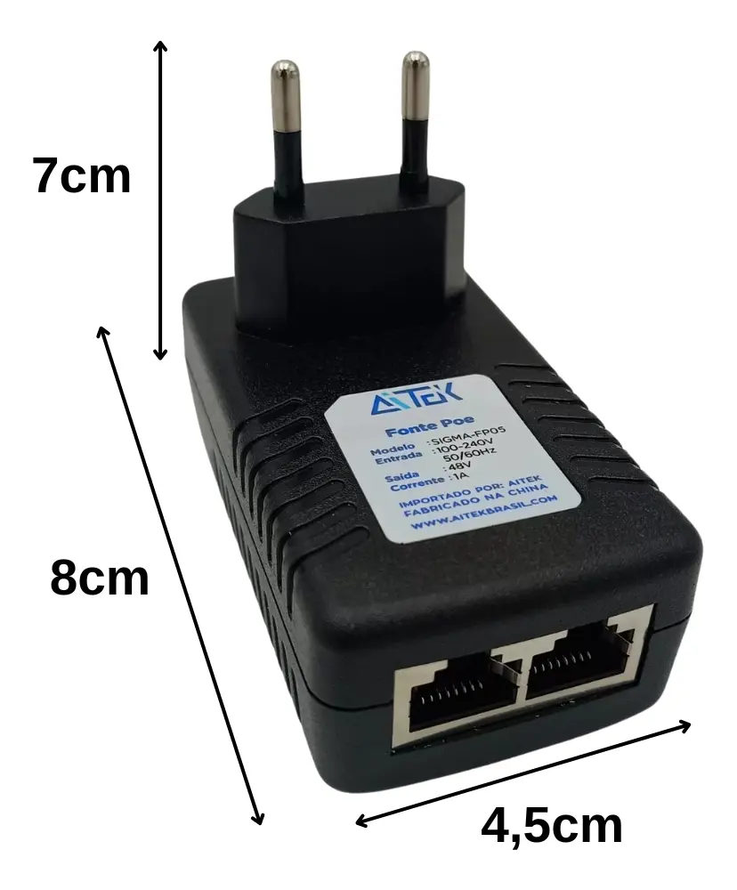 Fonte PoE 48V 1A Bivolt 2 Portas RJ45 Aitek p/ Router Access Point