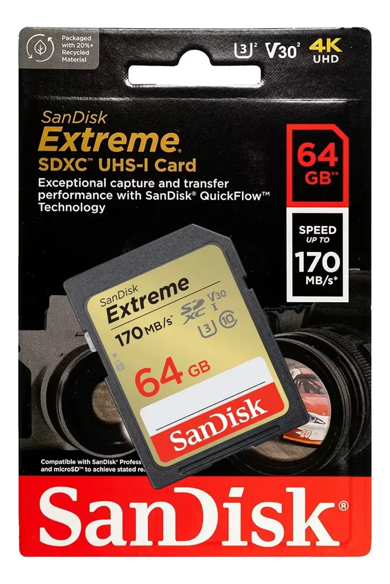 Cartão Memória Sandisk Extreme Sdxc 64gb 170mbs 4kuhd V30 U3