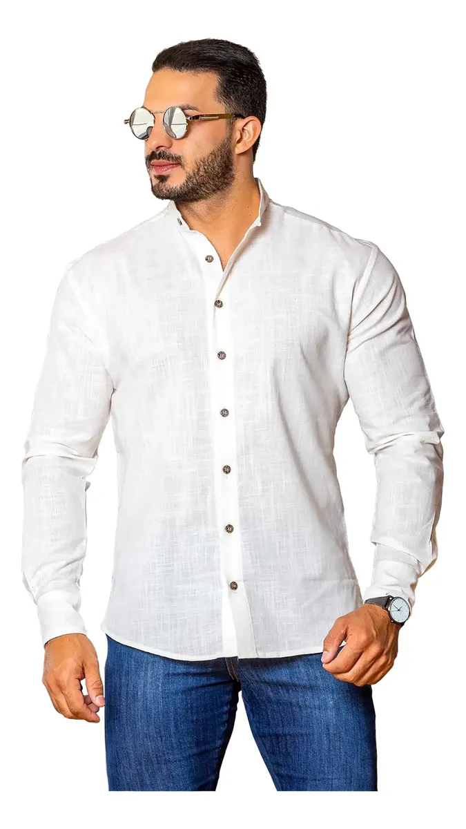 Camisa Social Gola Padre Linho Branca Manga Longa Masculina Tam. G