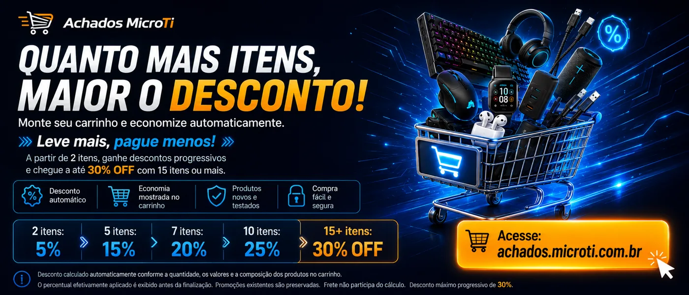Banner da campanha de desconto progressivo do Achados MicroTi: leve mais, pague menos, até 30% OFF